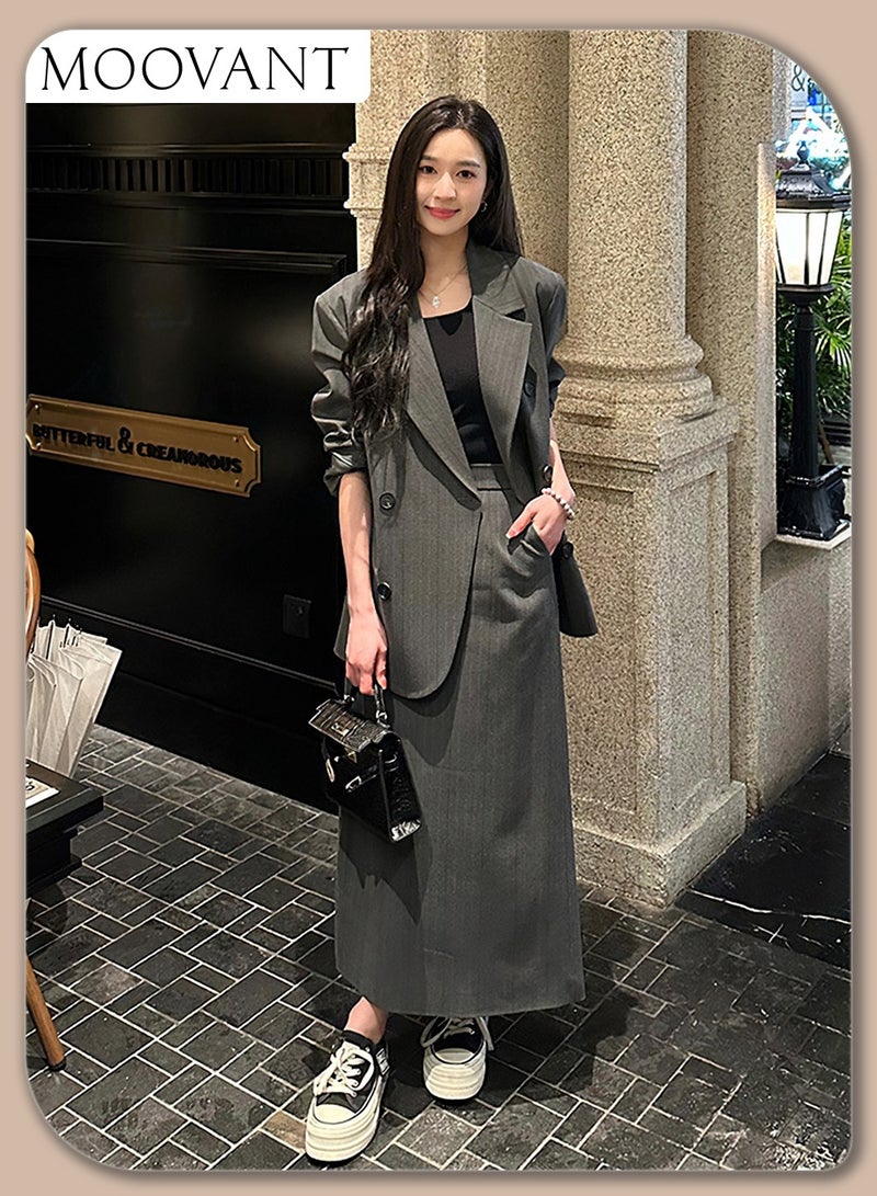 Moovant Women's 2-Piece Suit Set, Blazer and High-Waisted Maxi Skirt, Elegant Office and Casual Wear Outfit, Grey - Image 1
