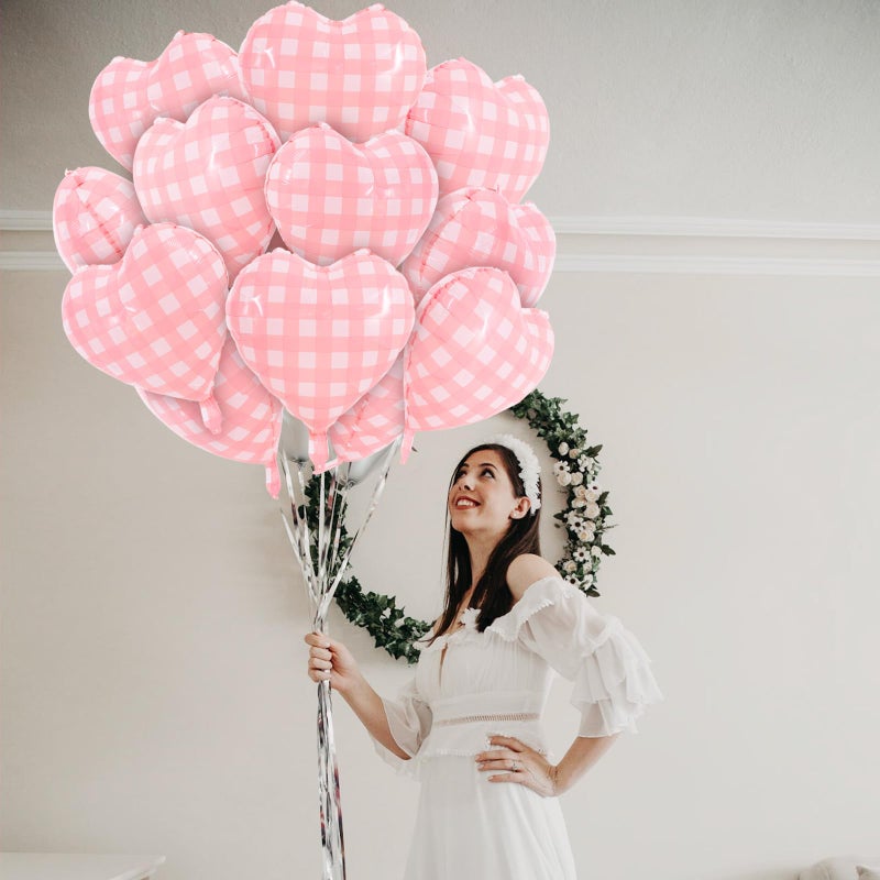 TONIFUL 15Pcs 18 Inch Checkered Pink Balloons Checkered Pink Heart Shape Foil Mylar Banners Decoration for Birthday Valentine's Day Wedding Bridal Shower Anniversary Engagement Party Supplies - Image 5