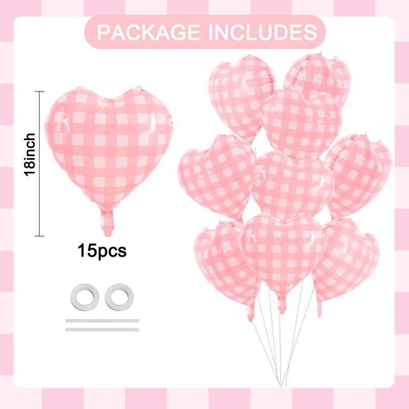 TONIFUL 15Pcs 18 Inch Checkered Pink Balloons Checkered Pink Heart Shape Foil Mylar Banners Decoration for Birthday Valentine's Day Wedding Bridal Shower Anniversary Engagement Party Supplies - Image 2