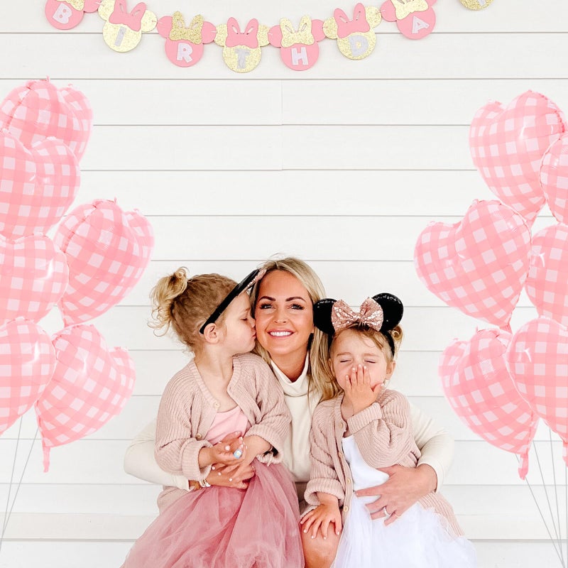 TONIFUL 15Pcs 18 Inch Checkered Pink Balloons Checkered Pink Heart Shape Foil Mylar Banners Decoration for Birthday Valentine's Day Wedding Bridal Shower Anniversary Engagement Party Supplies - Image 4