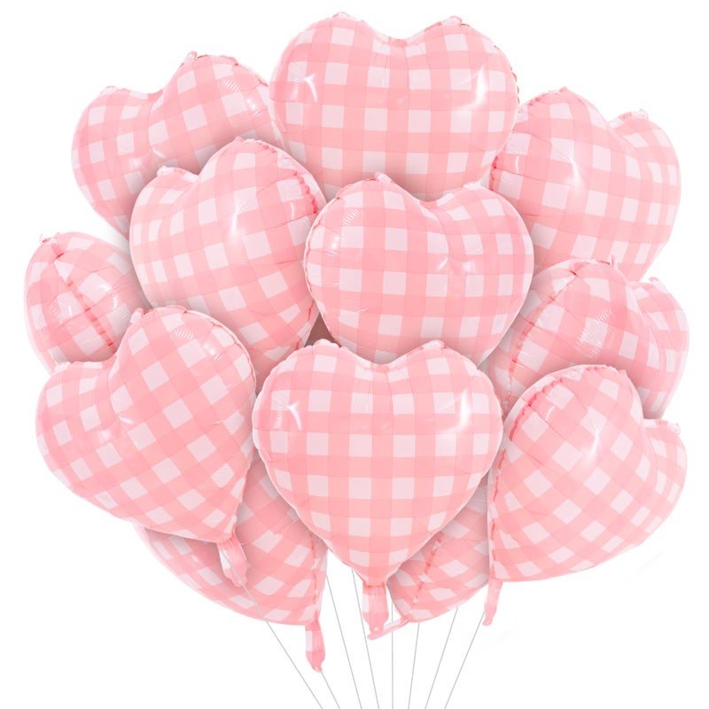 TONIFUL 15Pcs 18 Inch Checkered Pink Balloons Checkered Pink Heart Shape Foil Mylar Banners Decoration for Birthday Valentine's Day Wedding Bridal Shower Anniversary Engagement Party Supplies - Image 1