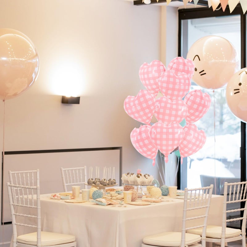 TONIFUL 15Pcs 18 Inch Checkered Pink Balloons Checkered Pink Heart Shape Foil Mylar Banners Decoration for Birthday Valentine's Day Wedding Bridal Shower Anniversary Engagement Party Supplies - Image 3