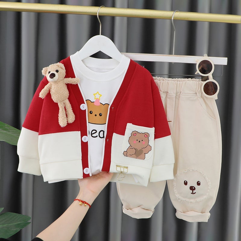 Boys three-piece set 2023 spring new childrens Korean pendant small rabbit long sleeve cardigan set factory wholesale Coffee color  - Image 4