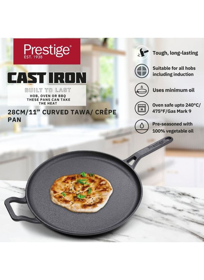 Prestige Cast Iron Flat Tawa 28 cm | Induction Cast Iron Tawa Pan for Roti/Chapati/Dosa with Stick Handle | Pre-Seasoned Cast Iron Cookware PR48885