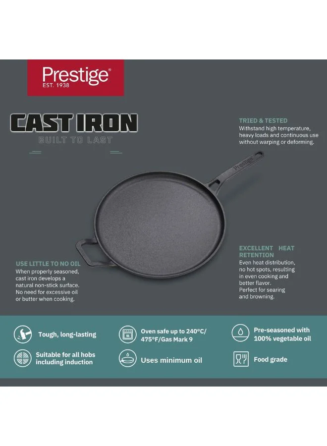 Prestige Prestige Cast Iron Flat Tawa 28 cm | Induction Cast Iron Tawa Pan for Roti/Chapati/Dosa with Stick Handle | Pre-Seasoned Cast Iron Cookware PR48885