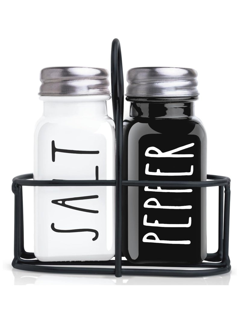 Bukela Farmhouse Salt and Pepper Shakers Set, a Cute Black and White Premium Glass Shakers with Stainless Steel Lids in a Black Metal Holder, Perfect for Adding a Vintage Kitchen Decor Charm - Image 1