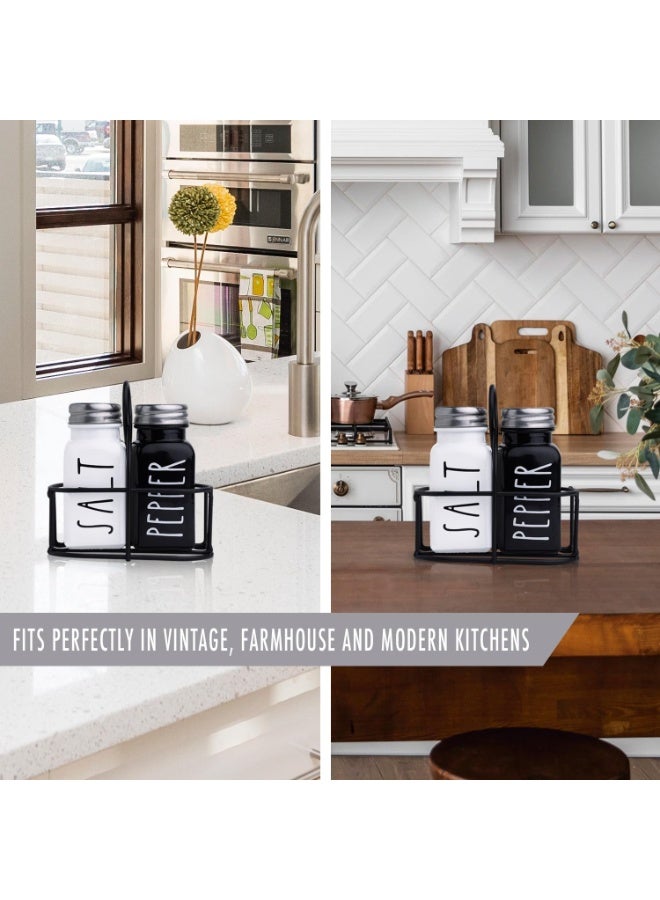 Bukela Farmhouse Salt and Pepper Shakers Set, a Cute Black and White Premium Glass Shakers with Stainless Steel Lids in a Black Metal Holder, Perfect for Adding a Vintage Kitchen Decor Charm - Image 4