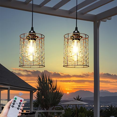 ALL FORTUNE Battery Operated Hanging Outdoor Chandelier, Battery Power 5′′×6′′ Pendant Light, Gazebo Lights Outdoor, 4 AA Batteries, for Gazebo, Pergola, Porch, Patio, Indoor Outdoor Decor Lighting (2) - Image 1
