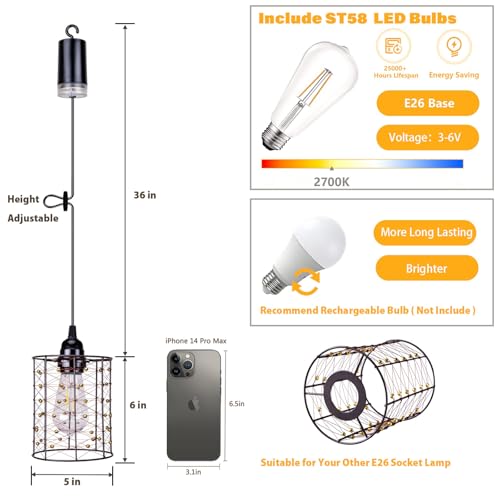 ALL FORTUNE Battery Operated Hanging Outdoor Chandelier, Battery Power 5′′×6′′ Pendant Light, Gazebo Lights Outdoor, 4 AA Batteries, for Gazebo, Pergola, Porch, Patio, Indoor Outdoor Decor Lighting (2) - Image 4