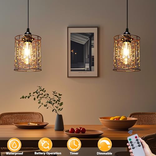 ALL FORTUNE Battery Operated Hanging Outdoor Chandelier, Battery Power 5′′×6′′ Pendant Light, Gazebo Lights Outdoor, 4 AA Batteries, for Gazebo, Pergola, Porch, Patio, Indoor Outdoor Decor Lighting (2) - Image 2