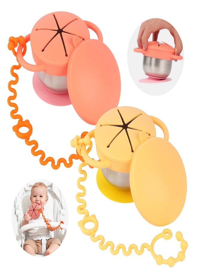 Daximo 2 Pack Toddler Snack Cups - 5-in-1 Snack Cups for Toddlers Spill Proof with Suction Cup and Anti-Loss Rope, Detachable Stainless Steel Cups with Silicone Lids & Handles (Orange and Yellow) - Image 1