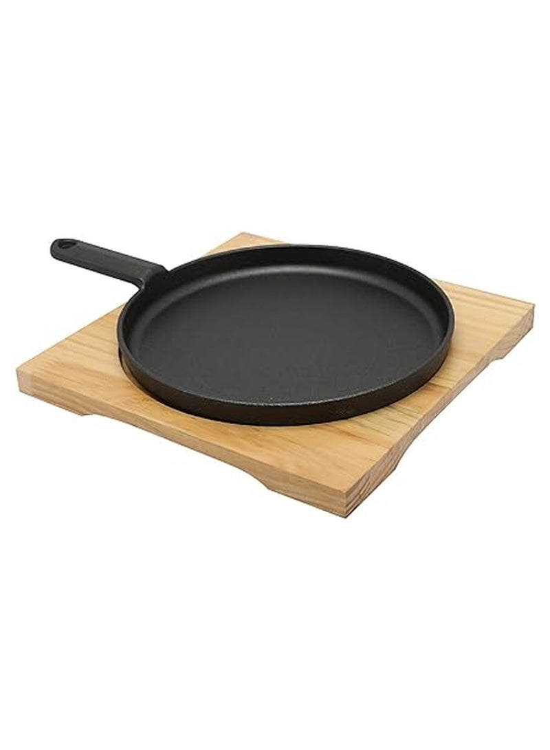 مقلاة من الحديد الزهر دائرية الشكل مقاس 22سم مع مقبض جانبي و قاعدة خشبية | صينية للتحمير و الطبخ و الشواء من الحديد المصبوب أمنة للاستخدام في الفرن - Image 2