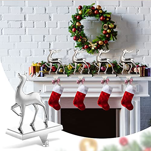 Jetec Set of 4 Christmas Stockings Holder Stocking Hangers for Mantle Silver Metal Deer Snowflake Snowman Christmas Tree Hooks for Fireplace Xmas Decorations(Reindeer) - Image 3