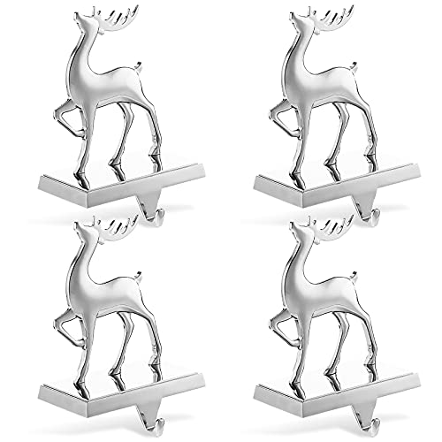 Jetec Set of 4 Christmas Stockings Holder Stocking Hangers for Mantle Silver Metal Deer Snowflake Snowman Christmas Tree Hooks for Fireplace Xmas Decorations(Reindeer) - Image 1