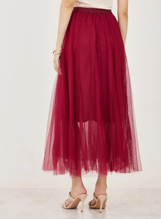Take Two Mesh Insert Elastic Waistband A-Line Maxi Skirt