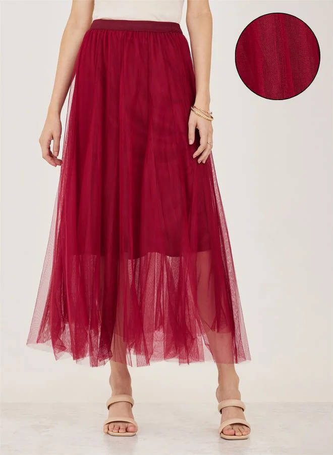 Take Two Mesh Insert Elastic Waistband A-Line Maxi Skirt