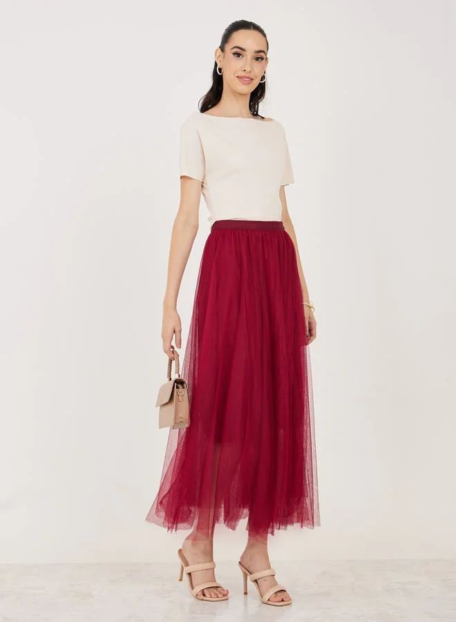 Take Two Mesh Insert Elastic Waistband A-Line Maxi Skirt