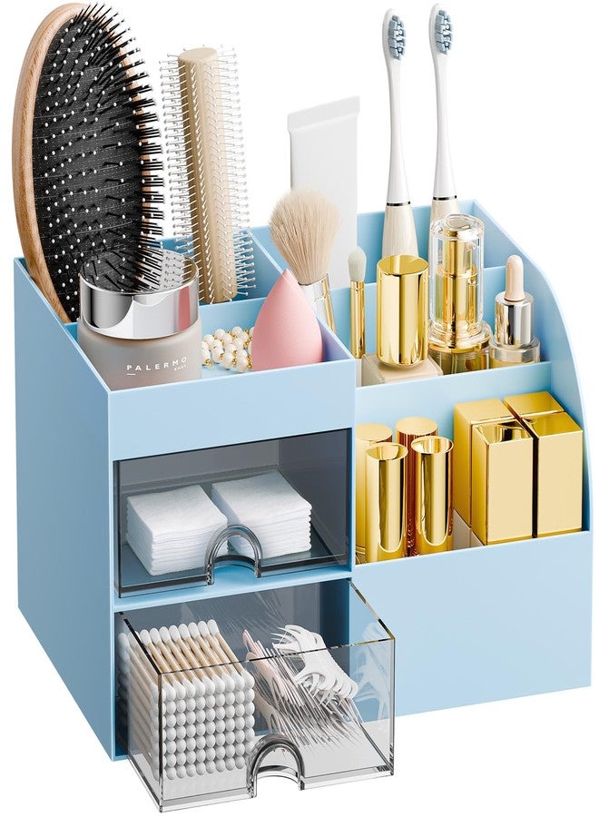 fanado Makeup Organizer with 2 Drawers, Makeup Organizers Countertop for Vanity and Bathroom, Make up organization and Skincare Storage with Brush Holder, for Dresser, Desktop, Cosmetic Display Case (Blue) - Image 1