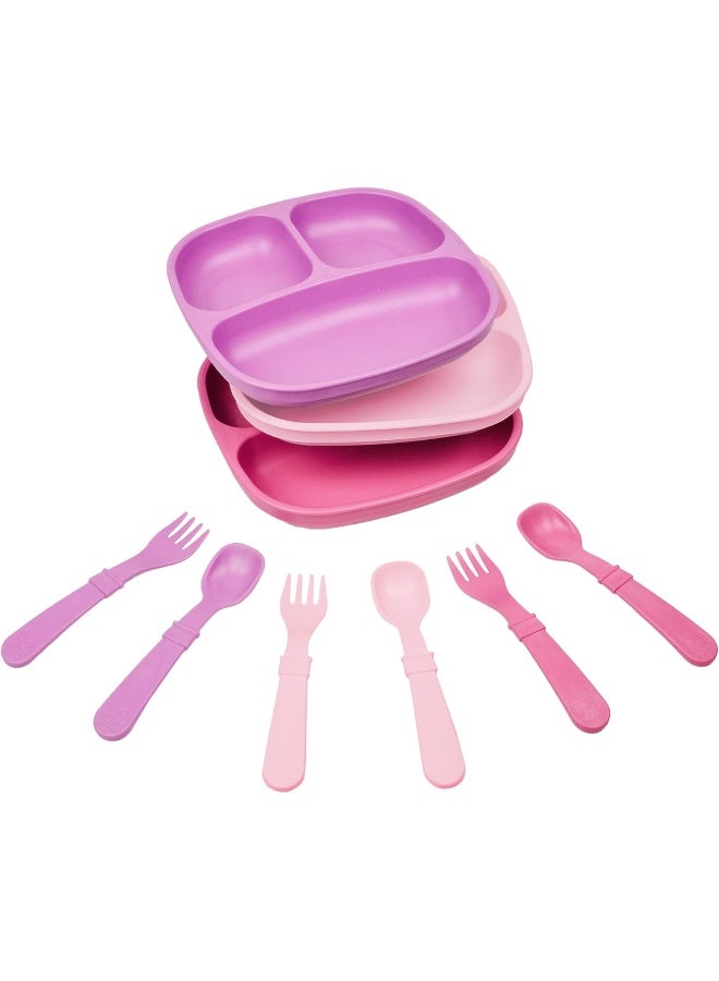 Replay Re Play Made in USA - 3 Meals a Day Set - 3 Divided Plates, 3 Sets of Utensils - BPA Free, Made from Environmentally Friendly Recycled Milk Jugs - Princess without Bowls - Image 1