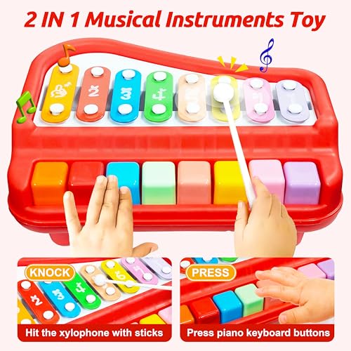 VGRASSP 2 in 1 Big Xylophone and Piano Toy for Kids with 8 Colorful Keys and Drum Sticks - Musical Instrument Toy for Baby and Toddlers - Red - Image 4