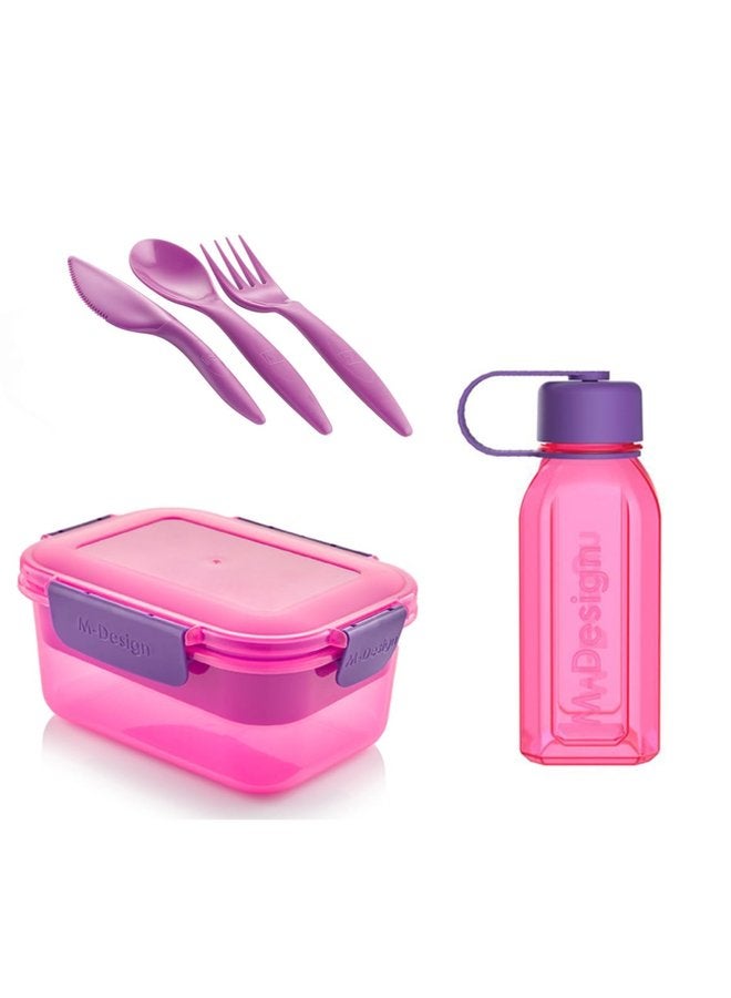 أم-ديزاين طقم لانش بوكس 1.1 + زجاجة 500 مل + طقم طعام 3 ق - روز