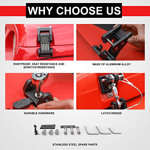 ASLONG 2PCS Hood Latches Catch Kit with U.S. Flag Style Black Aluminum for Jeep Wrangler JK JKU 2007-2018 & 2018-2025 Jeep Wrangler JL JLU Gladiator JT，Pair - Image 3