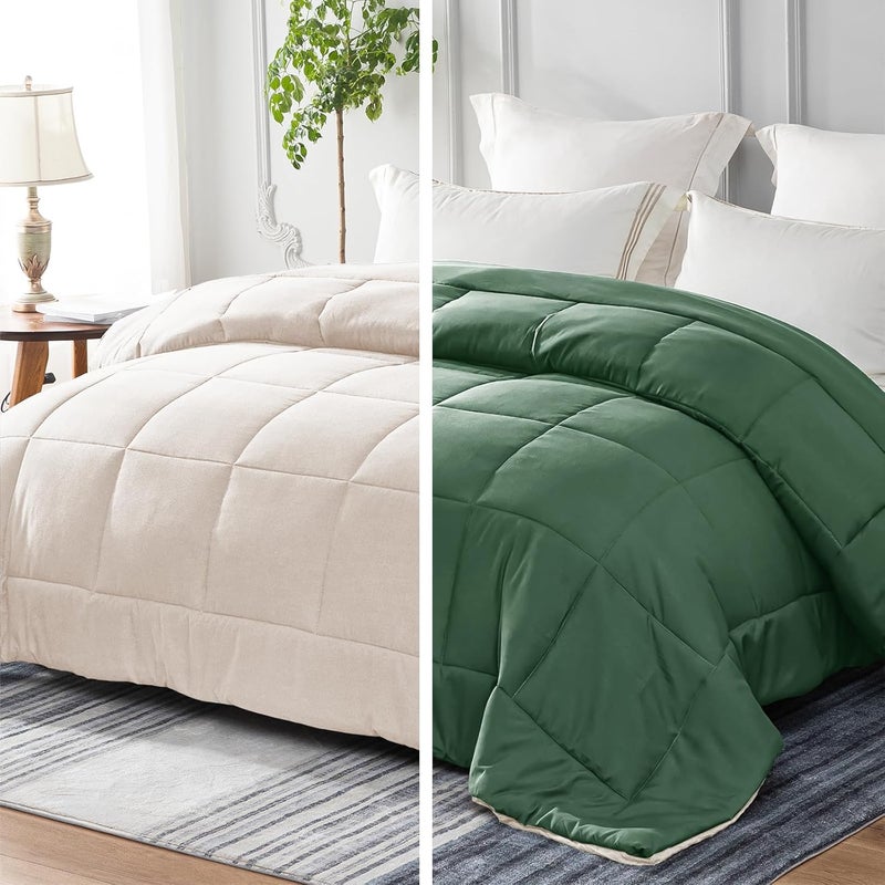 Reversible Duvet Single Size for All Seasons, 7.5 Tog Down Alternative Box Sitiched Duvets, Lightweight and Machine Washable Comforter, 135X200 cm, Sage Green,Brich Beige | 135 x 200 cm, Breathable Box-Stitch Microfibre Comforter, Machine Washable, All Seasons, Bed Bedroom Hotel, Sage Green, Beige - Image 1