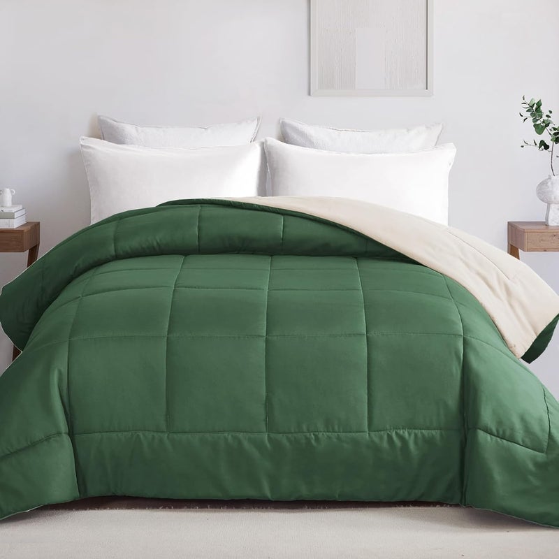 Reversible Duvet Single Size for All Seasons, 7.5 Tog Down Alternative Box Sitiched Duvets, Lightweight and Machine Washable Comforter, 135X200 cm, Sage Green,Brich Beige | 135 x 200 cm, Breathable Box-Stitch Microfibre Comforter, Machine Washable, All Seasons, Bed Bedroom Hotel, Sage Green, Beige - Image 2