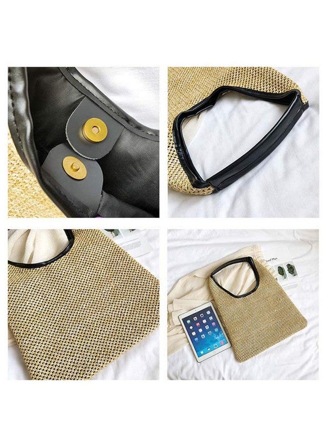 QTKJ Summer Beach Bag, Hand-Woven Straw Bag, Boho Black Panelled Leather Shoulder Strap Handbag, Large Capacity Tote for Women Holiday Travel Shoulder Bag - Image 2