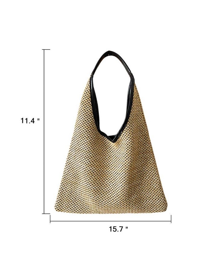 QTKJ Summer Beach Bag, Hand-Woven Straw Bag, Boho Black Panelled Leather Shoulder Strap Handbag, Large Capacity Tote for Women Holiday Travel Shoulder Bag - Image 1