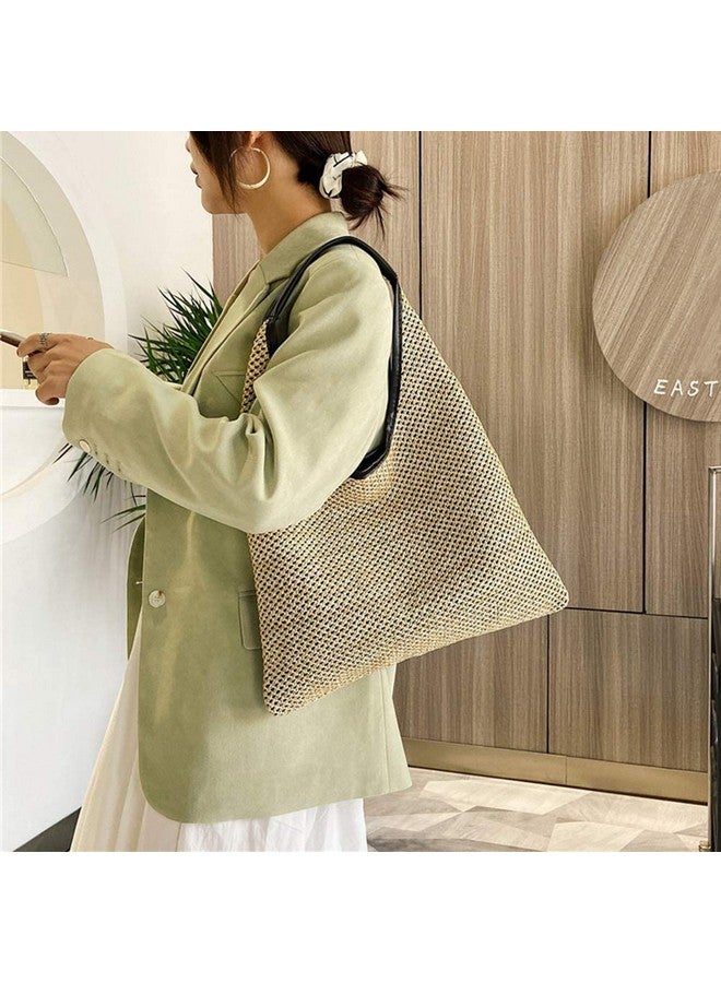 QTKJ Summer Beach Bag, Hand-Woven Straw Bag, Boho Black Panelled Leather Shoulder Strap Handbag, Large Capacity Tote for Women Holiday Travel Shoulder Bag - Image 4