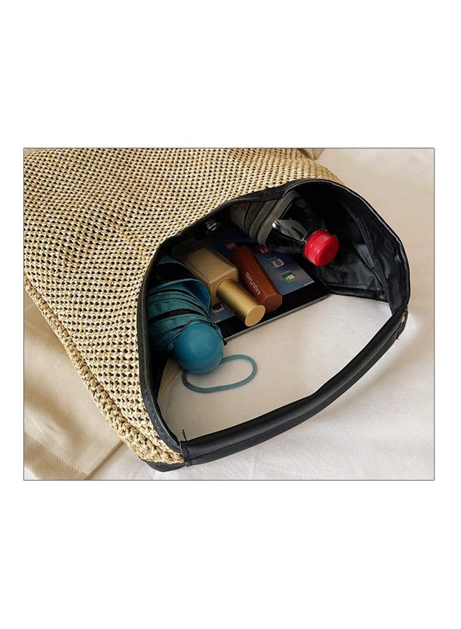 QTKJ Summer Beach Bag, Hand-Woven Straw Bag, Boho Black Panelled Leather Shoulder Strap Handbag, Large Capacity Tote for Women Holiday Travel Shoulder Bag - Image 3