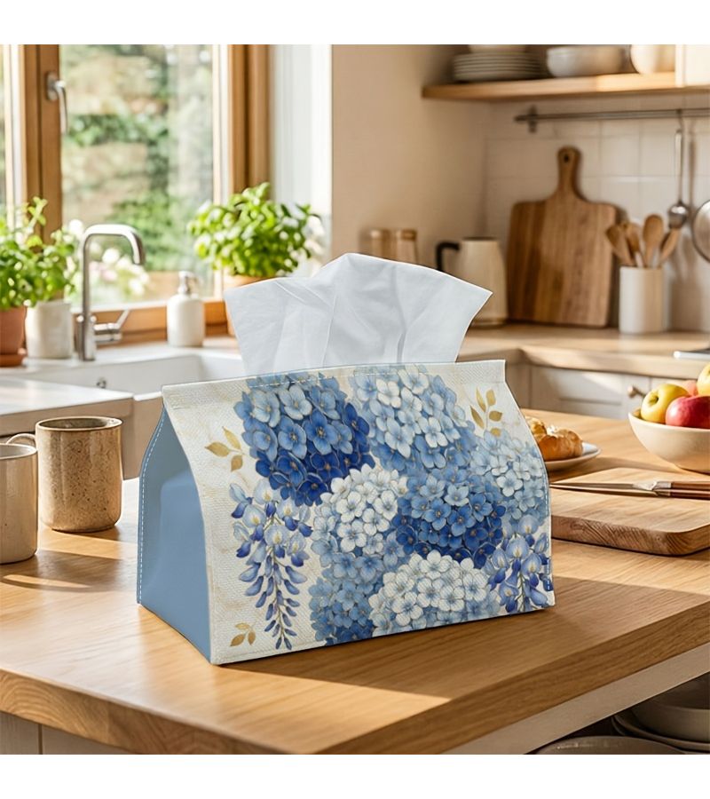1 PC Botanical Blue Hydrangea Tissue Box Watercolor Floral Bloom Napkin Storage Box 9X4.9X6.6 Inch 23x12x17cm For Rolls Facial Tissues Single Sheets Home Car Party Decorations Living Room Side Table Organizer - Image 1