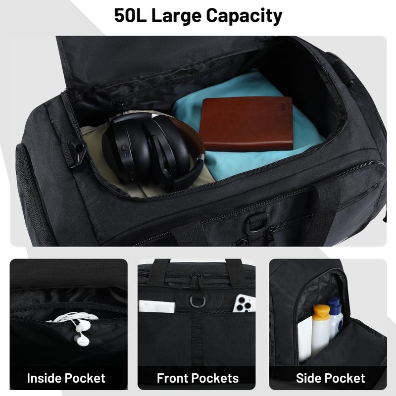 MIER Foldable Duffle Bag with Shoe Compartment 50L Travel Duffel Bags for Men Women Packable Overnight Bag for Camping Gym Weekender, Black - Image 3