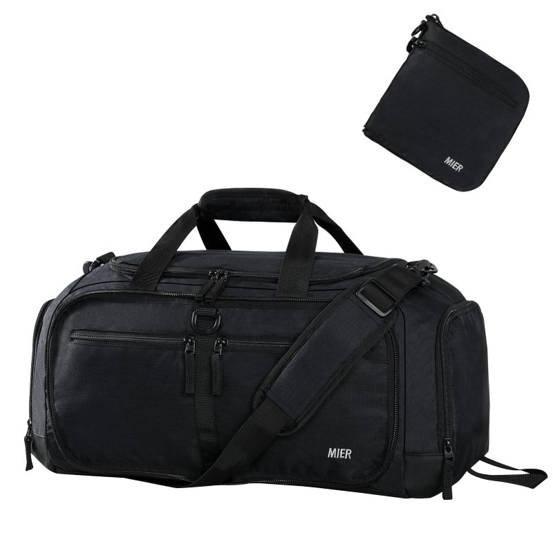 MIER Foldable Duffle Bag with Shoe Compartment 50L Travel Duffel Bags for Men Women Packable Overnight Bag for Camping Gym Weekender, Black - Image 1