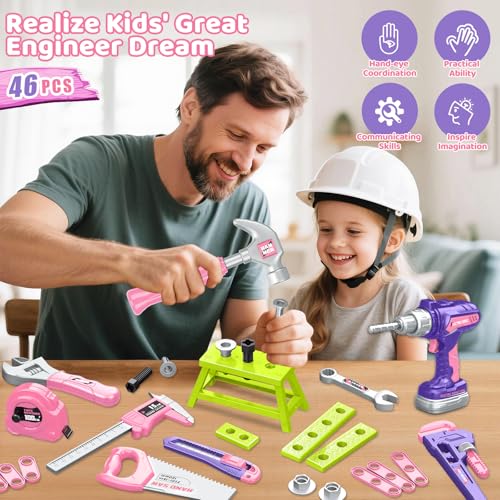 OCHIDO Kids Tool Set with Portable Tool Box Electronic Toy Drill Toddler Tool Set Construction Tools for Kids Ages 3 4 5 6 46 Pcs Tool kit for Christmas Birthday Gifts for Girls - Image 5