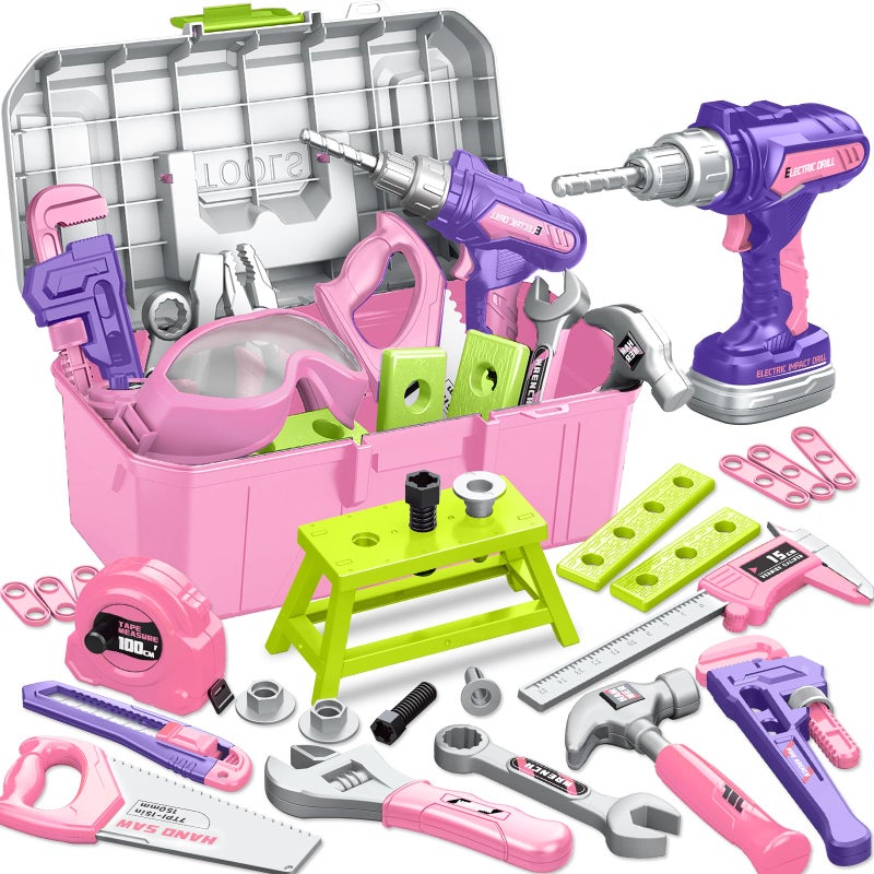 OCHIDO Kids Tool Set with Portable Tool Box Electronic Toy Drill Toddler Tool Set Construction Tools for Kids Ages 3 4 5 6 46 Pcs Tool kit for Christmas Birthday Gifts for Girls - Image 3