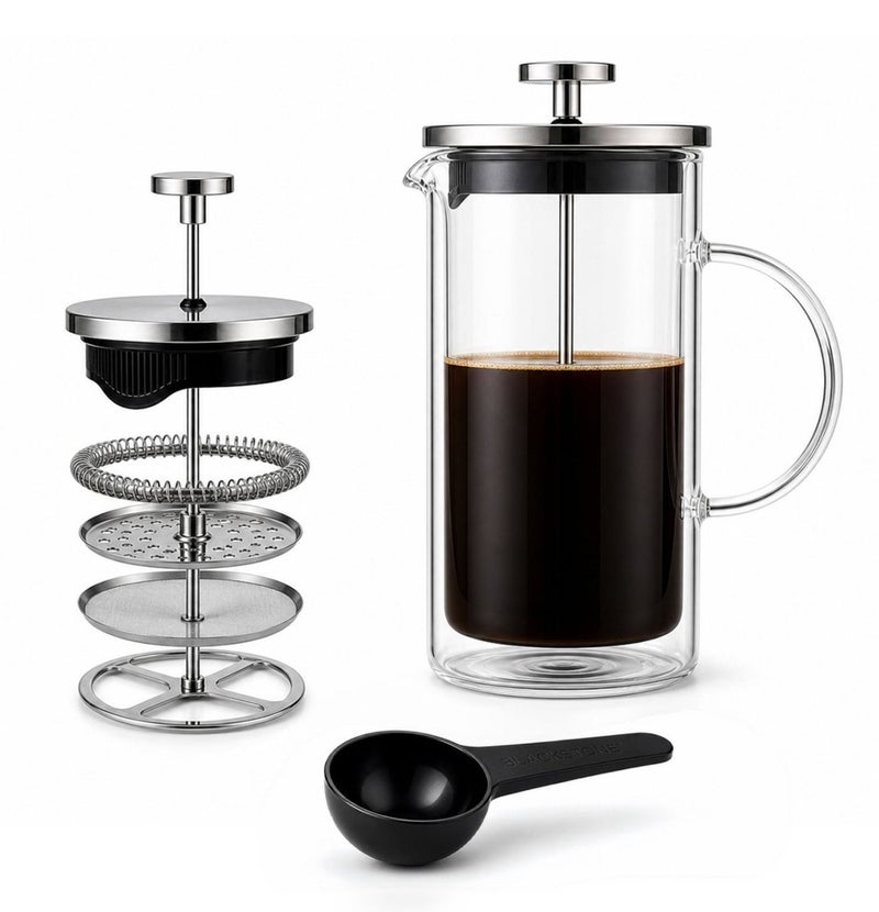 BLACKSTONE 1L French Press Coffee Maker, Heat Resistant, Stainless Steel Double Wall Glass, Manual Brewer for Coffee - Image 1
