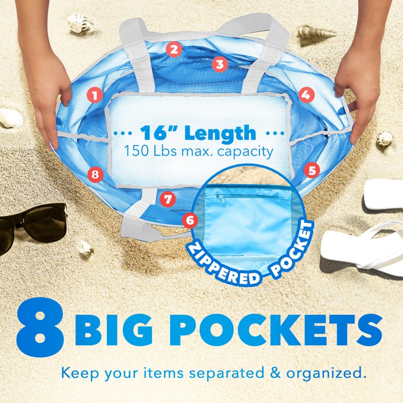 Dejaroo Sand Free Mesh Bag - Strong Lightweight Tote For Beach & Vacation Essentials. Tons Of Storage With 8 Pockets  Foldable  17X9X15 Inches  Neon Blue With White Straps - Image 3