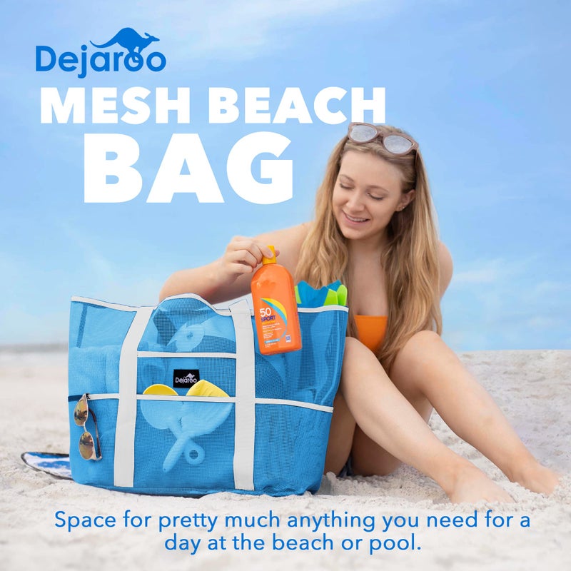 Dejaroo Sand Free Mesh Bag - Strong Lightweight Tote For Beach & Vacation Essentials. Tons Of Storage With 8 Pockets  Foldable  17X9X15 Inches  Neon Blue With White Straps - Image 2