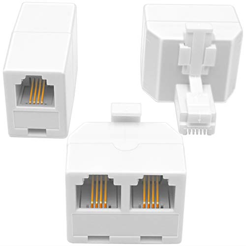 NECABLES 2+1Pack 2pcs Double Phone Jack Splitter RJ11 6P4C 1 Male to 2 Females and 1pc Phone Line Coupler for Landline and Fax White - Image 1