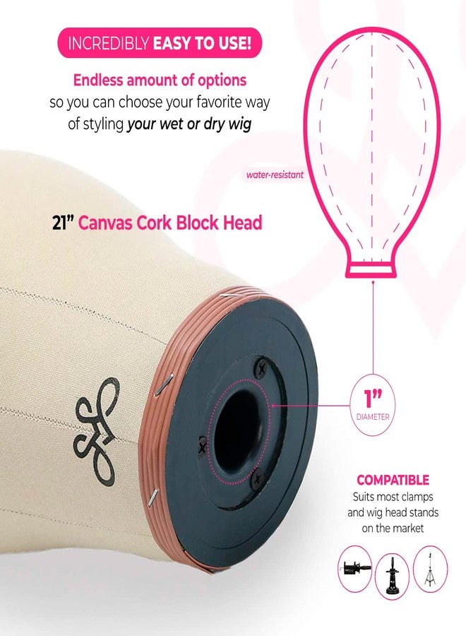 MILANO COLLECTION 21” Cork Mannequin Head with Canvas Cover for Making And Styling Wigs, DIY Wig Block, Includes Bag for Storage or Travel and 15 T-Pins, Fits Most Tripods, Clamps and Suction Stands - Image 2