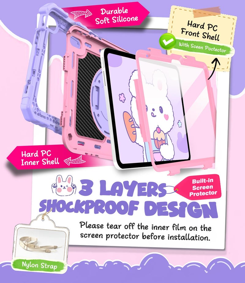 Cantis Case for iPad 11-inch (A16) 2025/ iPad 10th Generation 2022 (10.9 inch) with Screen Protector, 11th Case with 360 Degree Rotating Stand/Shoulder Strap/Pencil Holder, Light Purple+Pink - Image 3