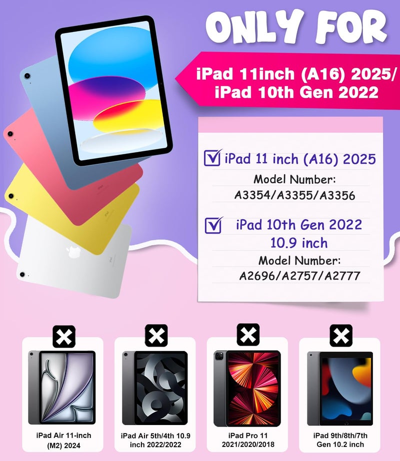 Cantis Case for iPad 11-inch (A16) 2025/ iPad 10th Generation 2022 (10.9 inch) with Screen Protector, 11th Case with 360 Degree Rotating Stand/Shoulder Strap/Pencil Holder, Light Purple+Pink - Image 2