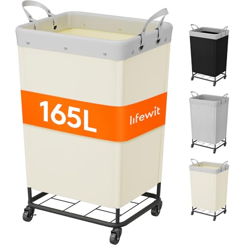 Lifewit 165L Laundry Basket with Wheels Large Heavy Duty Commercial Rolling Laundry Hamper with Handles Tall Steel Frame Laundry Cart for Laundry Room Bedroom Hotel Home Dorm White - Image 1