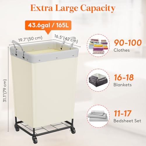 Lifewit 165L Laundry Basket with Wheels Large Heavy Duty Commercial Rolling Laundry Hamper with Handles Tall Steel Frame Laundry Cart for Laundry Room Bedroom Hotel Home Dorm White - Image 3