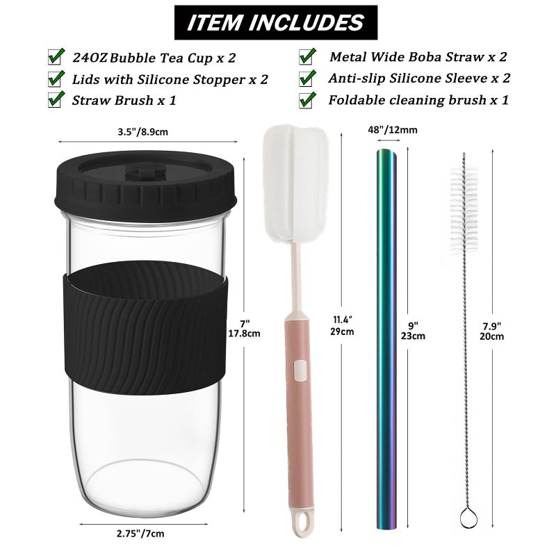 Amyoole 2 Pack Reusable Boba Cup 24Oz Wide Mouth Smoothie Cup mason Jar Glass Cups with Lids and Straws Bubble/Boba Tea Cups Ice Coffee Tumbler 2 colored straws 1 sponge brush(Black) - Image 2