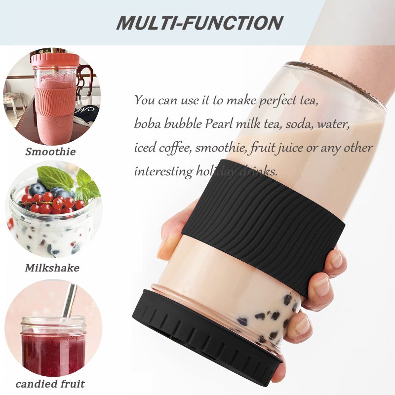Amyoole 2 Pack Reusable Boba Cup 24Oz Wide Mouth Smoothie Cup mason Jar Glass Cups with Lids and Straws Bubble/Boba Tea Cups Ice Coffee Tumbler 2 colored straws 1 sponge brush(Black) - Image 3