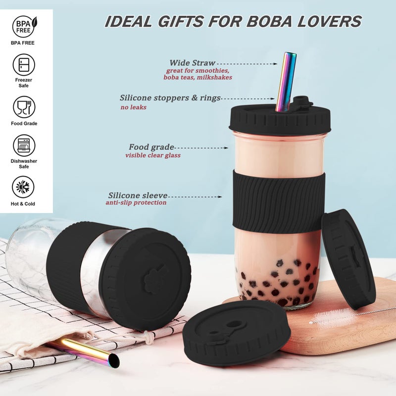 Amyoole 2 Pack Reusable Boba Cup 24Oz Wide Mouth Smoothie Cup mason Jar Glass Cups with Lids and Straws Bubble/Boba Tea Cups Ice Coffee Tumbler 2 colored straws 1 sponge brush(Black) - Image 4