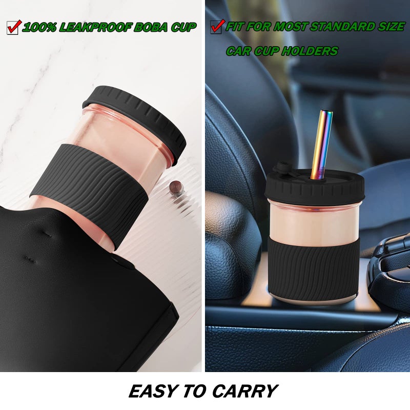 Amyoole 2 Pack Reusable Boba Cup 24Oz Wide Mouth Smoothie Cup mason Jar Glass Cups with Lids and Straws Bubble/Boba Tea Cups Ice Coffee Tumbler 2 colored straws 1 sponge brush(Black) - Image 5